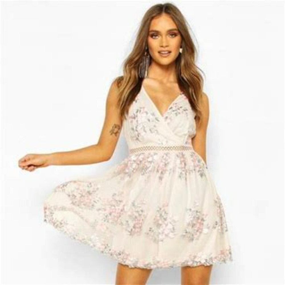 Boohoo Occasion Floral Embroidery Wrap Skater Dress Pink size 8; UK12 NWT